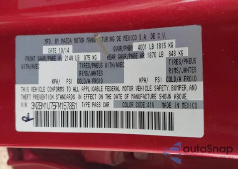 2015 Mazda Mazda3 I Sport from USA, damaged, VIN 3MZBM1U75FM157861